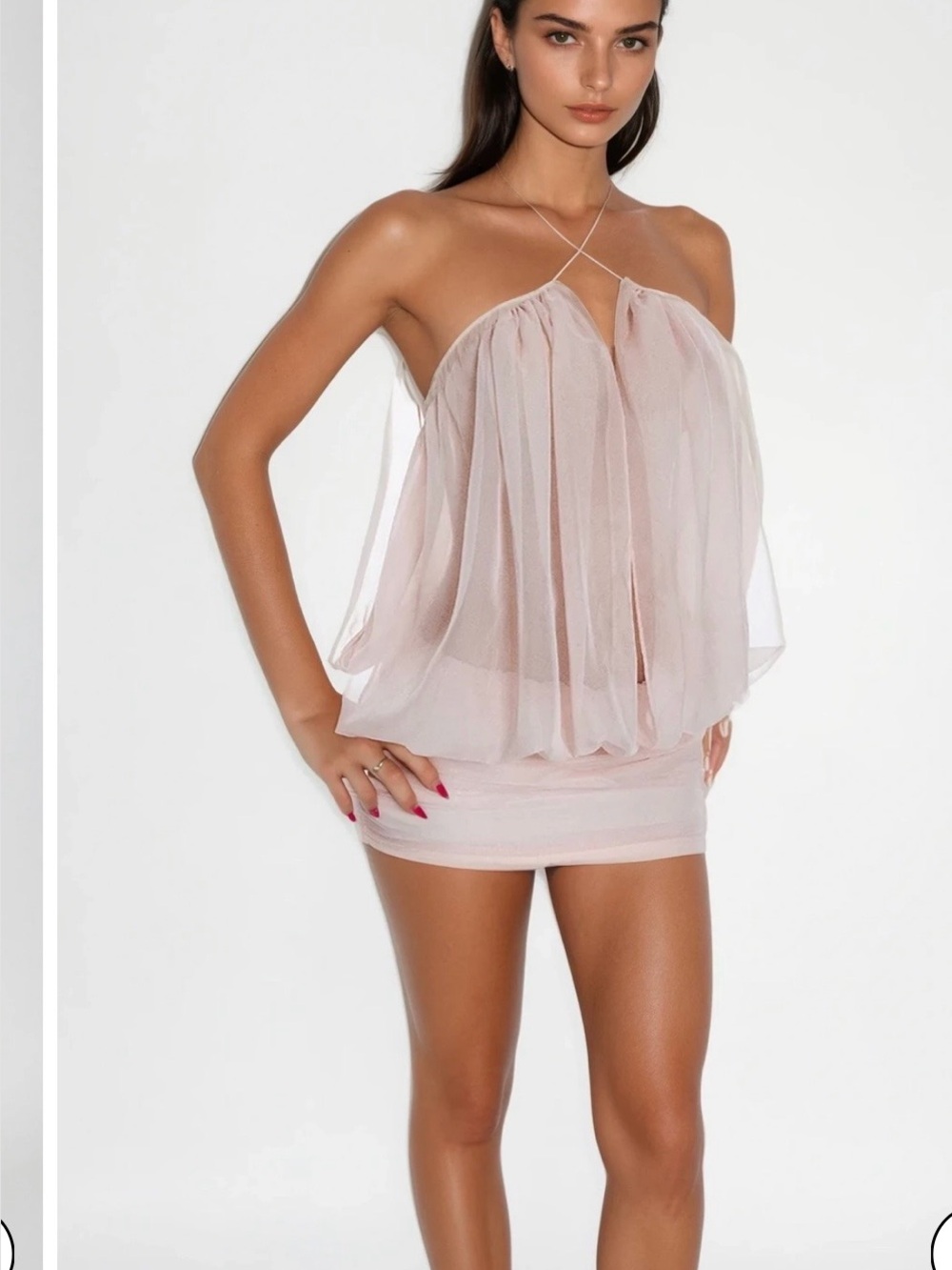Innovare Denim Carola Mesh Ruch Plunge Mini Dress Small Pink